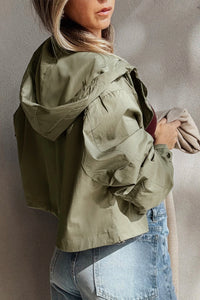 Light Olive Green Cropped Zip Up Hooded Utility Jacket
