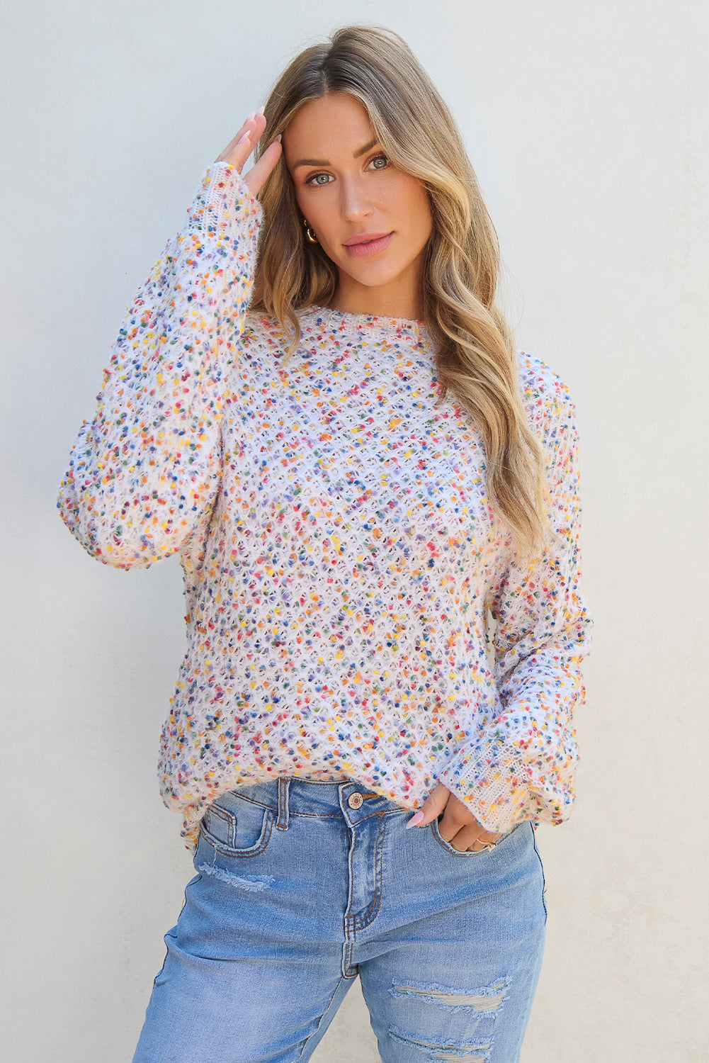 White Colorful Confetti Popcorn Knit Long Sleeve Sweater