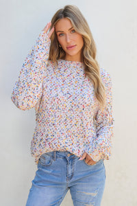 White Colorful Confetti Popcorn Knit Long Sleeve Sweater