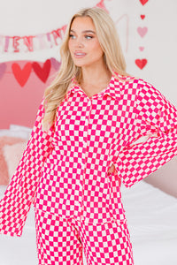 Pink Check Buttoned Shirt and High Waist Pants Waffle Knit Pajama Set