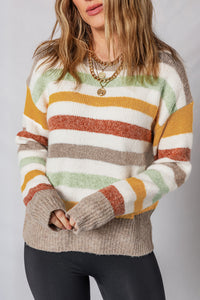 Tan Rust and Sage Stripe Drop Shoulder Crew Neck Sweater