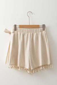 Light Khaki Tasseled Wrap Over Tied Bohemian Style Mini Skort