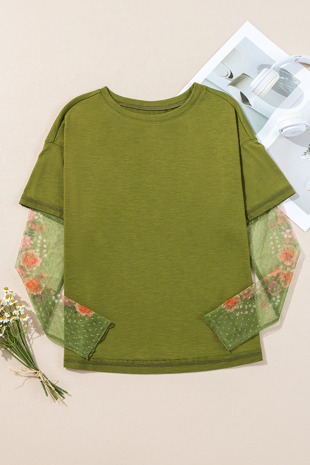 Moss Green with Sheer Floral Sleeved Shirt