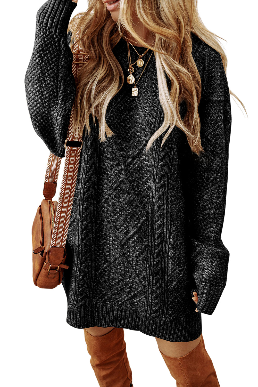 Black Drop Shoulder Loose Fit Cable Knit Sweater Dress