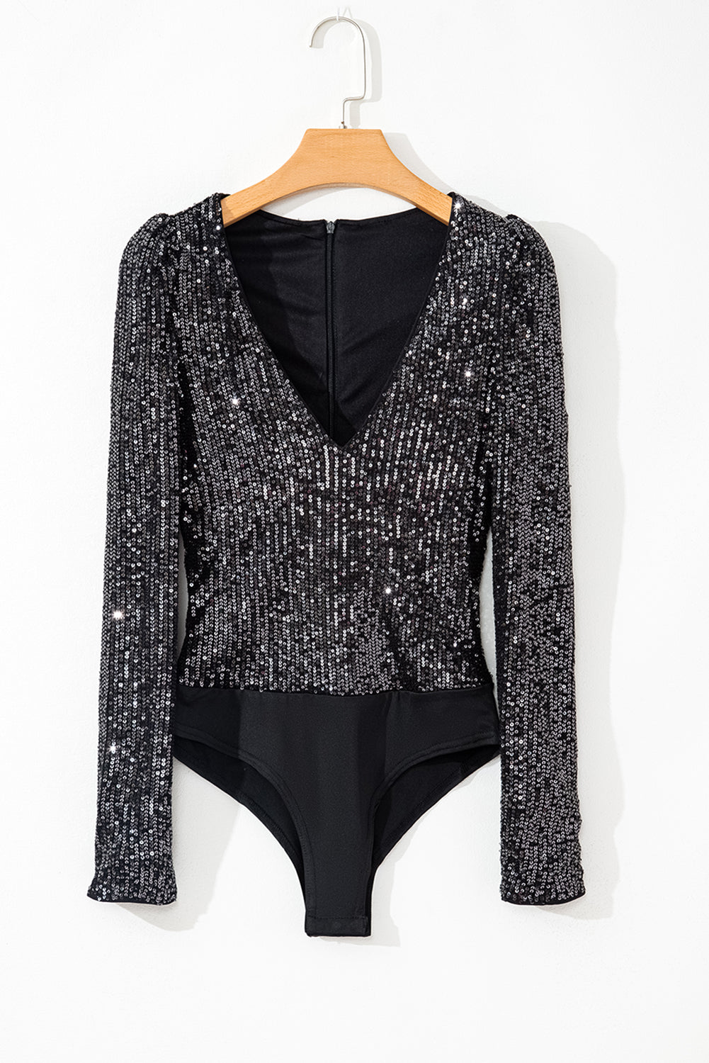 Black Sequin V-Neck Back Zip Up Long Sleeve Bodysuit