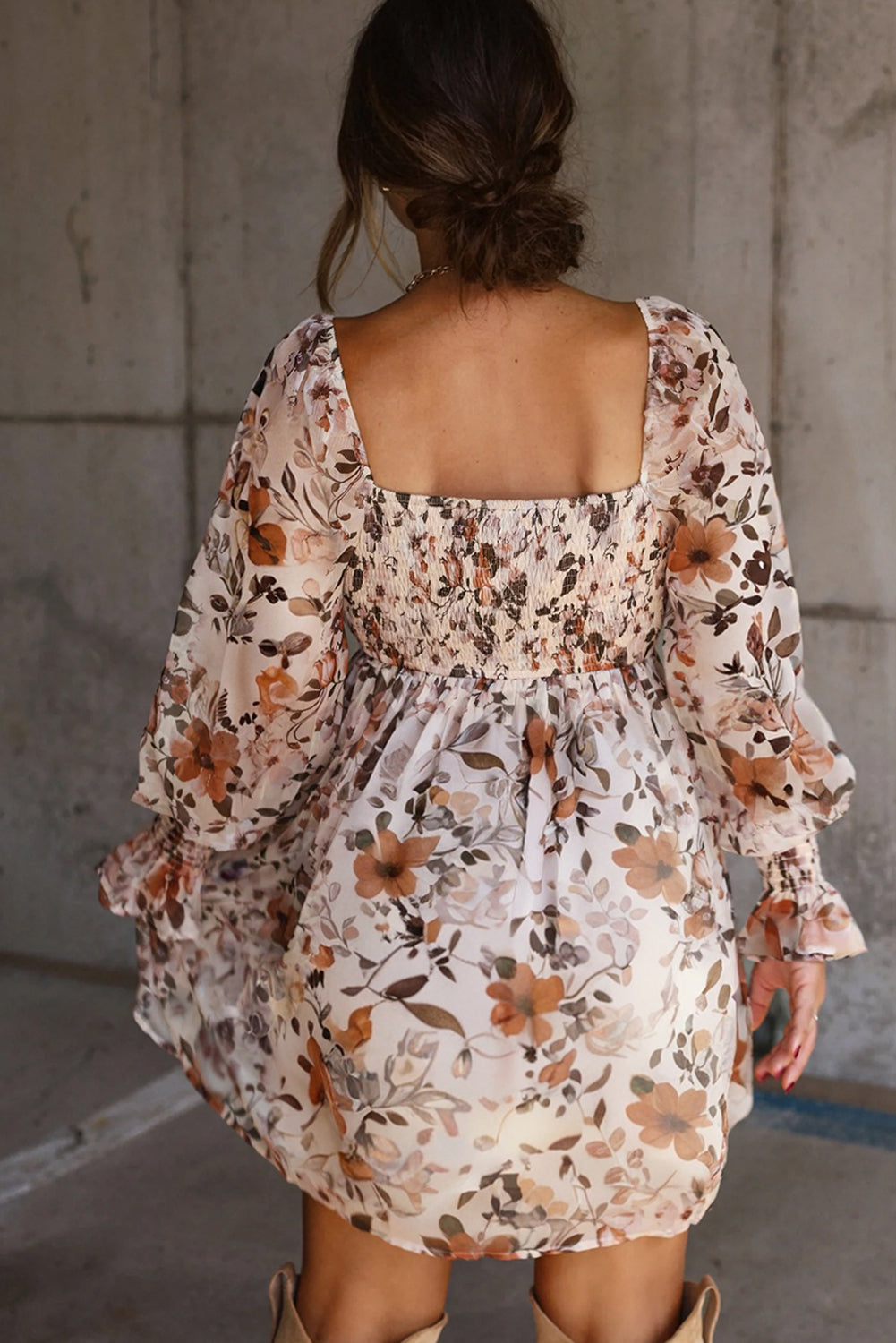 Brown Fall Floral Sweetheart Neck Long Sleeve High Waist Mini Dress
