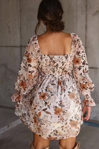 Brown Fall Floral Sweetheart Neck Long Sleeve High Waist Mini Dress