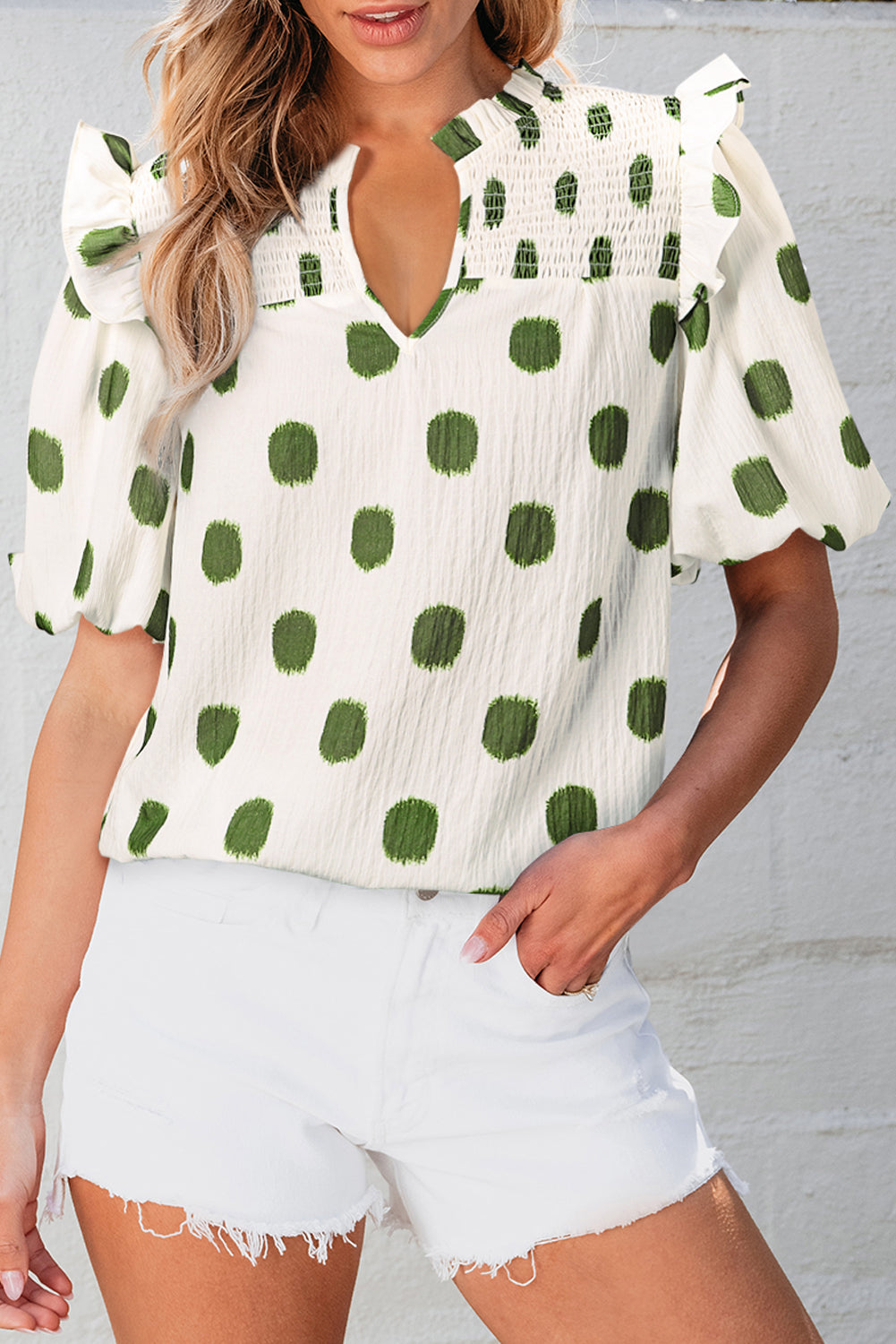 Avocado Polka Dot Print Textured Balloon Sleeve Blouse