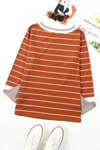 Rust Striped Color Block Long Sleeve  Rib Knit Shirt