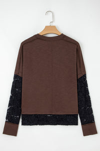 Dark Brown & Black Lace Long Sleeve Exposed Seam Oversized Shirt