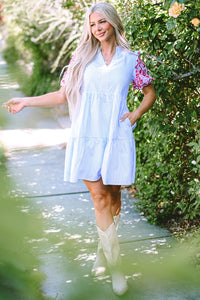 Sky Blue Stripe Embroidered Floral Puff Sleeve Tiered Ruffle Dress with Pockets