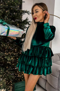 Emerald Velour Mock Neck Tiered Ruffle Mini Dress