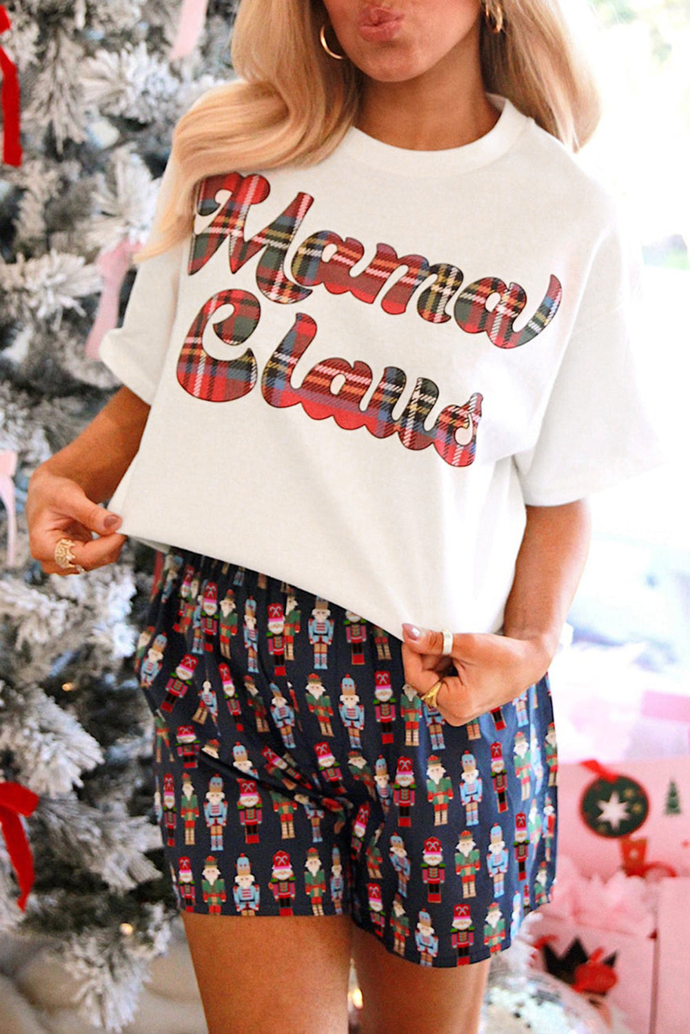 White Mama Claus Plaid Letter Tee and Nutcracker Shorts 2-pc Lounge Set