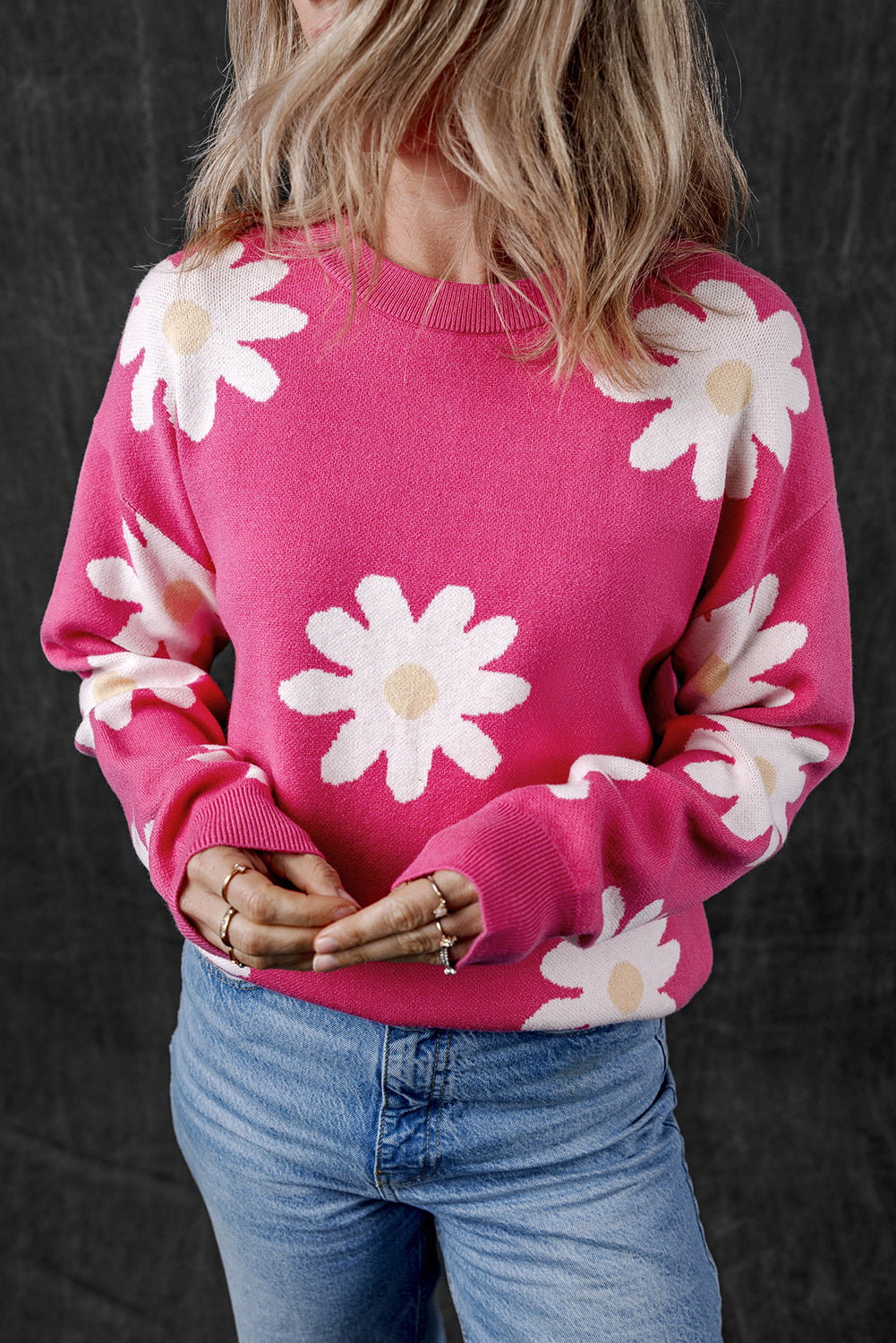 Bright Pink Daisy Crew Neck Long Sleeve Sweater