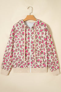 Fuchsia and Khaki Leopard Print Full Zip Front Pockets Hoodie
