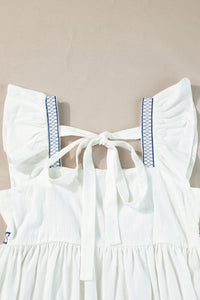 White with Blue Embroidered Bust Ruffled Sleeveless Tied Back Peplum Top