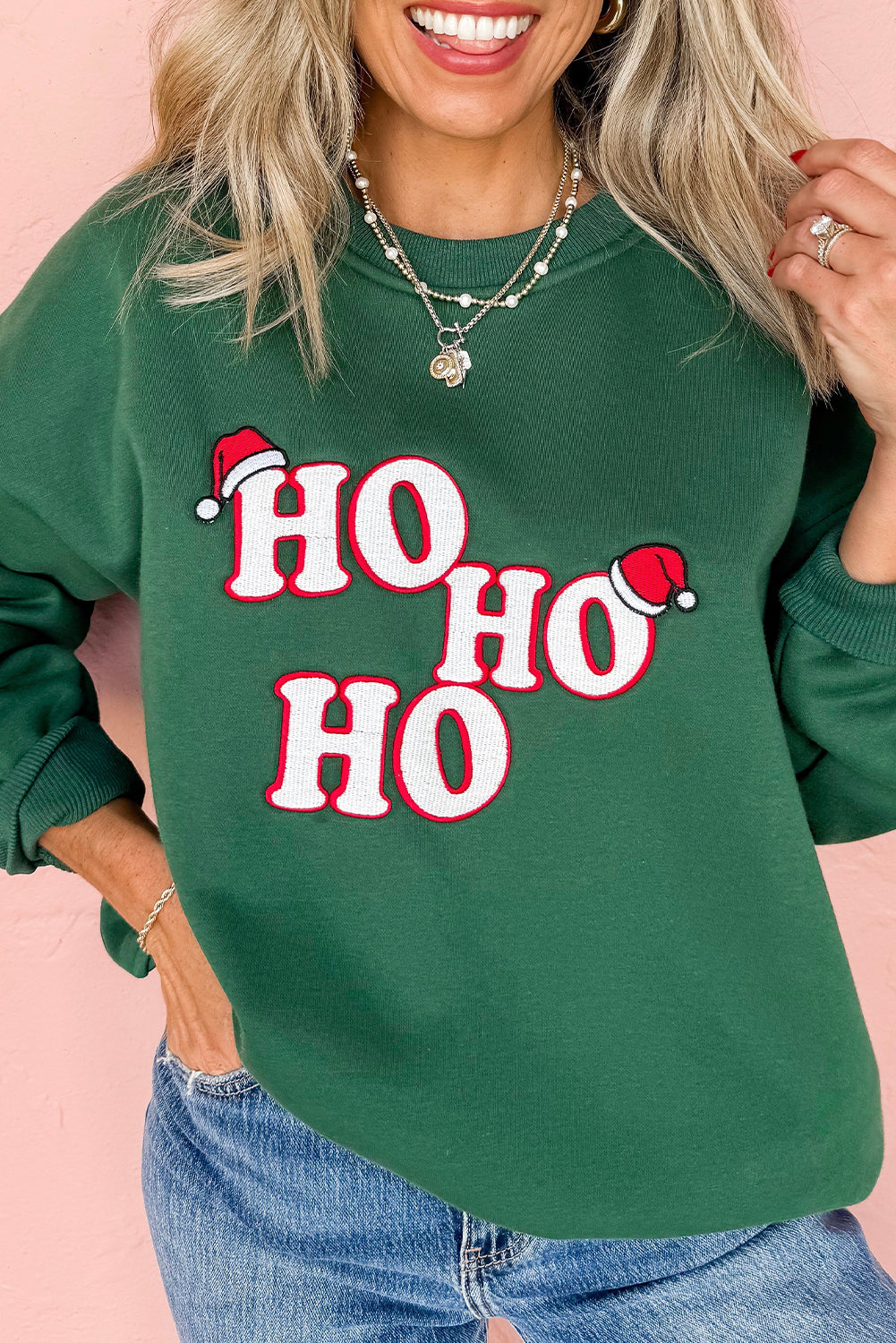 Christmas Green Embroidered HO HO HO Graphic Crewneck Sweatshirt