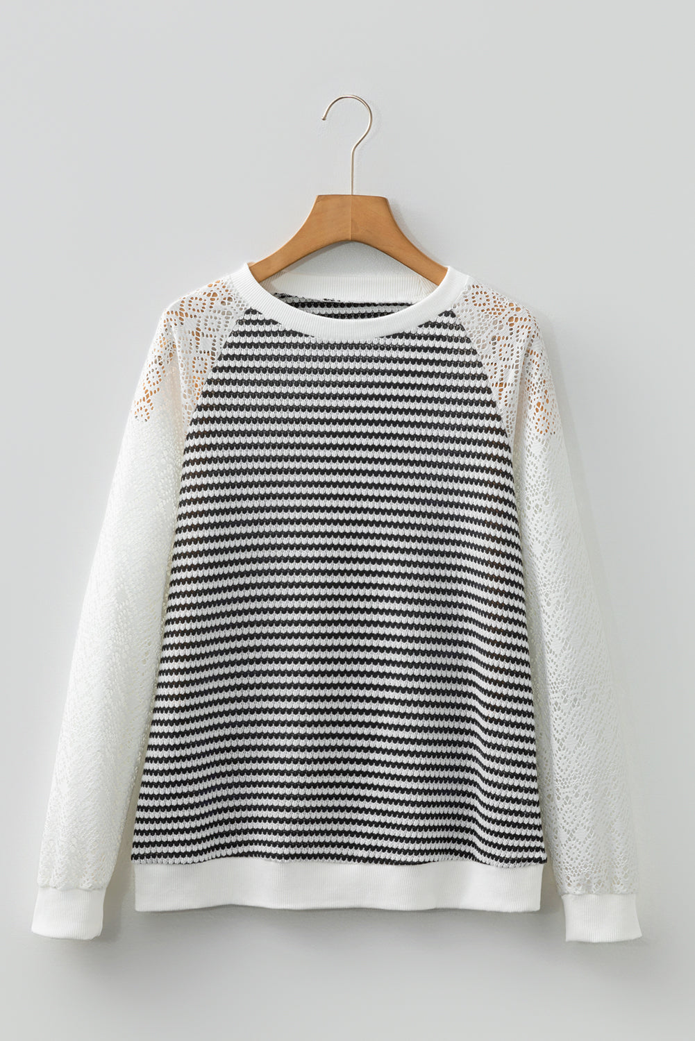 Black Stripe Open Lace Raglan Sleeve Textured Knit Top