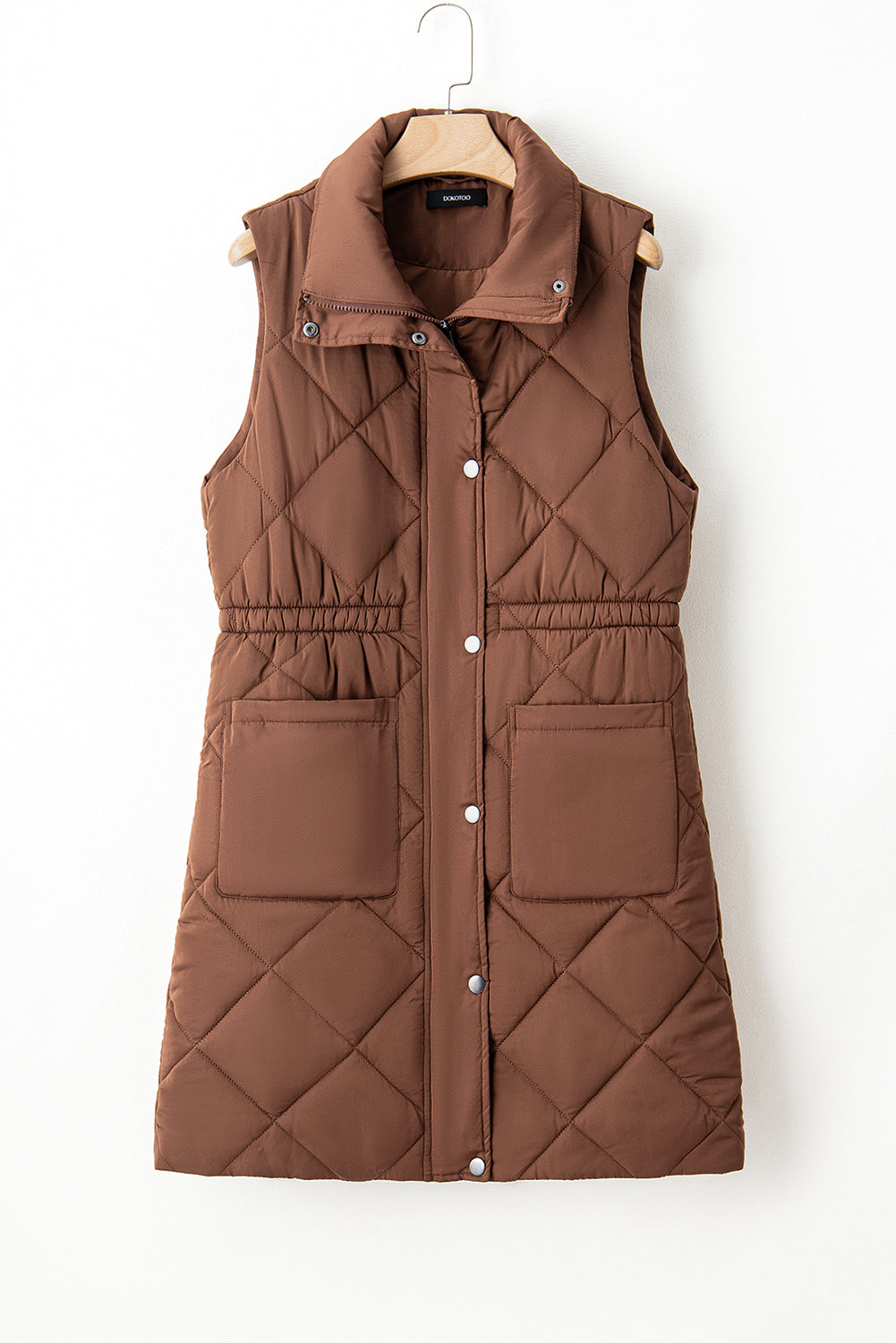 Brown Longline Quilted Stand Collar Snap Down Vest