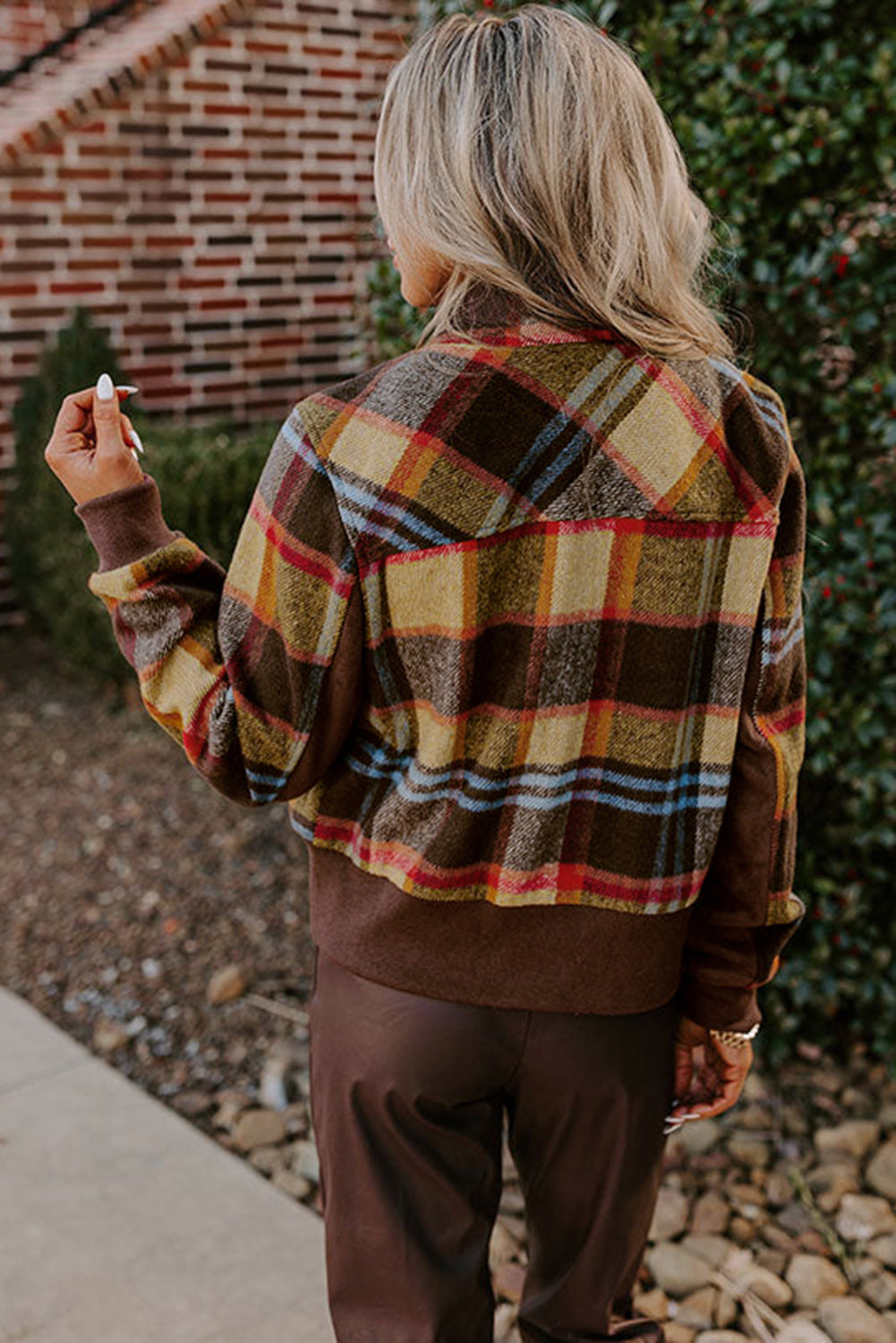 Brown Plaid Buttoned Chest Pockets Stand Up Collared Jacket