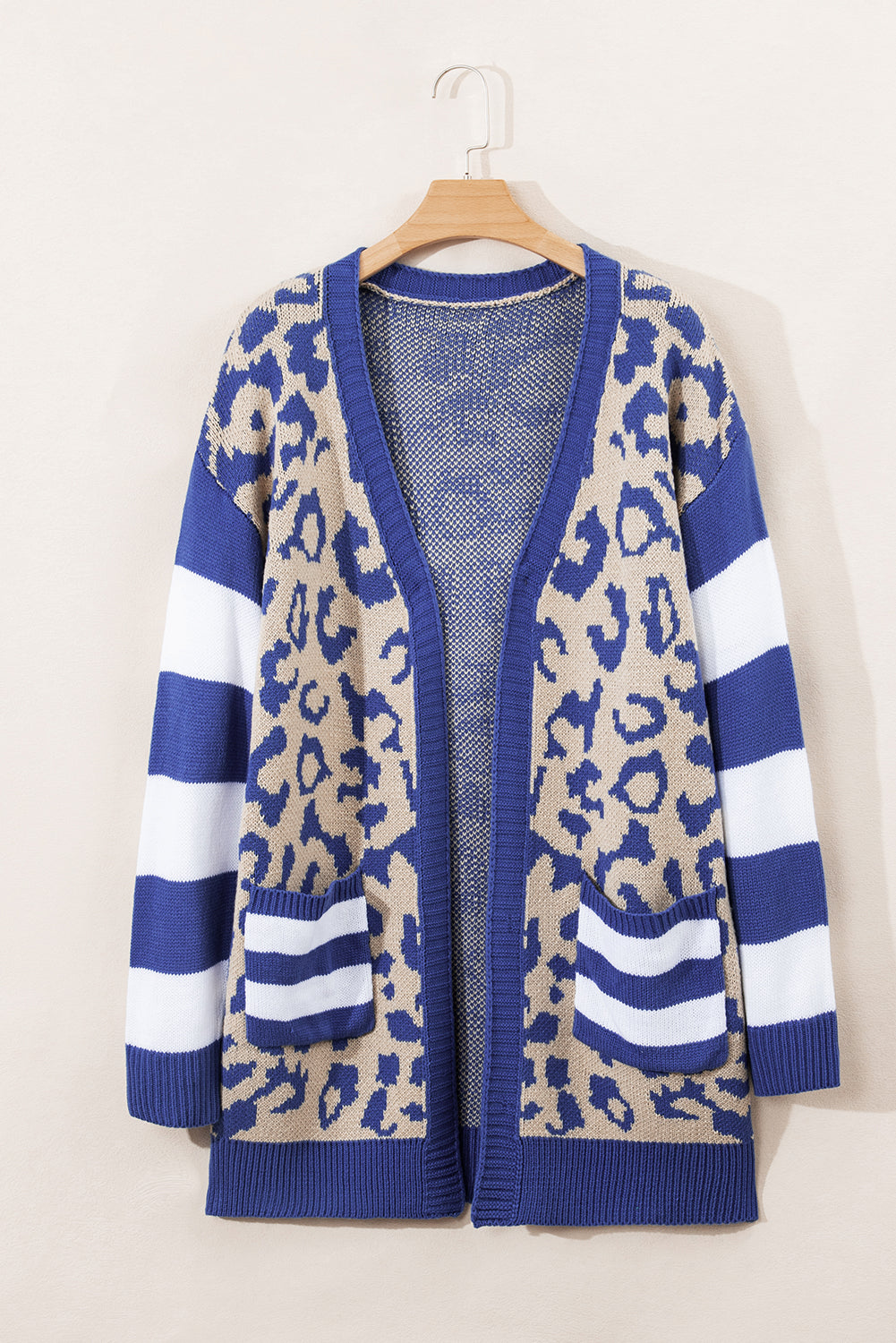 Stripe Sleeve Leopard Print Color Block Open Front Cardigan With Pockets