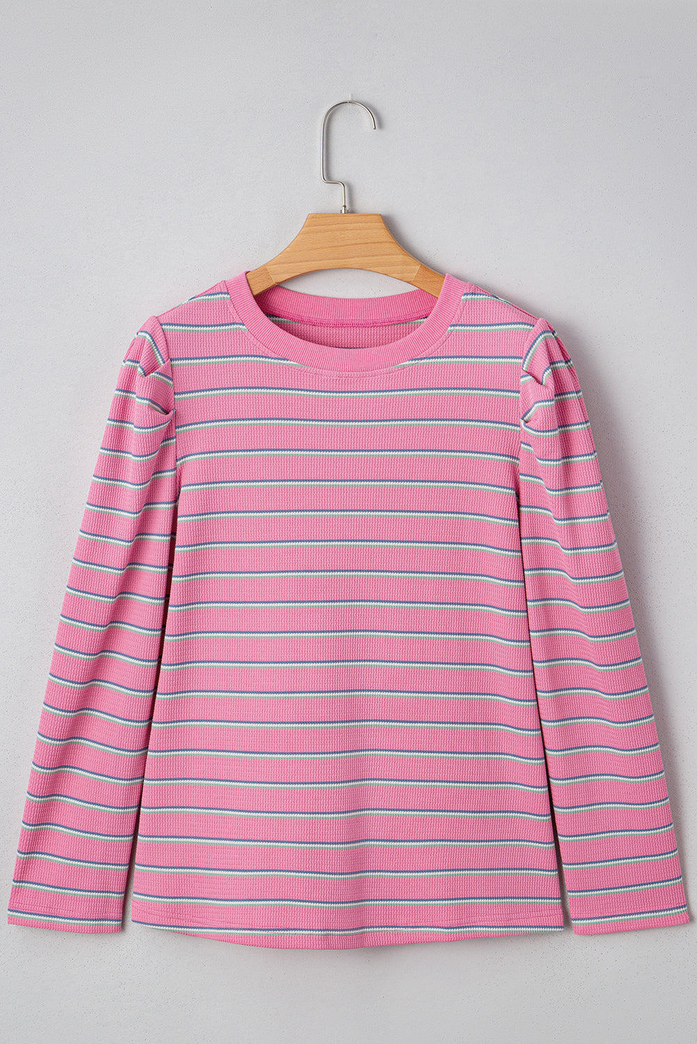 Pink Stripe Thermal Crew Neck Puckered Long Sleeve Top