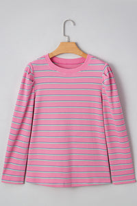 Pink Stripe Thermal Crew Neck Puckered Long Sleeve Top