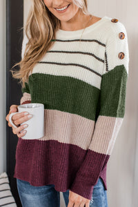 Green Color Block Striped Buttoned Shoulder Split Sweater