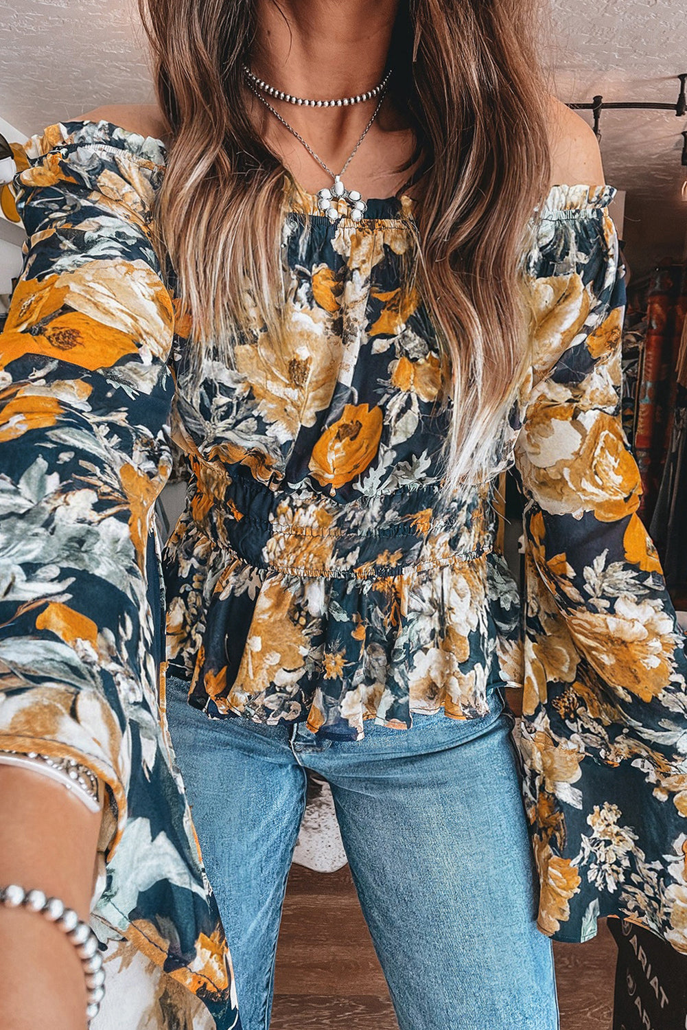 Navy and Orange Floral Off Shoulder Bell Sleeve Smocked Peplum Blouse