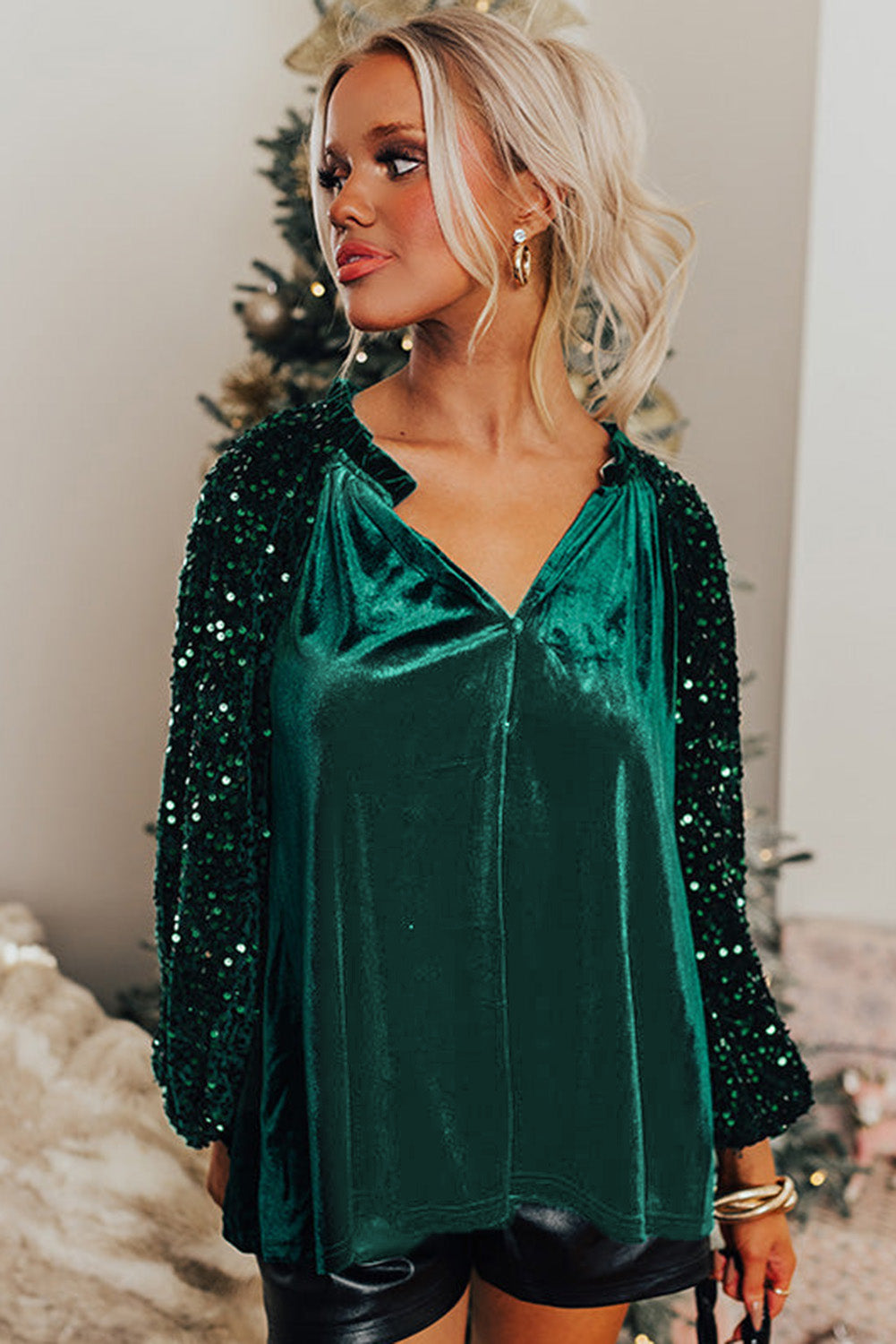 Emerald Sequined Sleeve V-Neck Button Up Velour Blouse