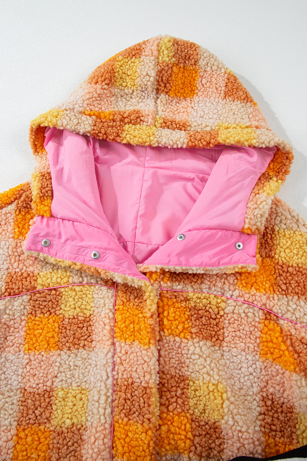 Orange & Yellow Checkered Sherpa Snap Up Pink Lined Hooded Jacket