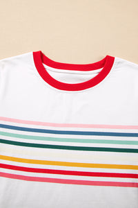 White Rainbow Stripe Print Red Trim Crew Neck T-Shirt