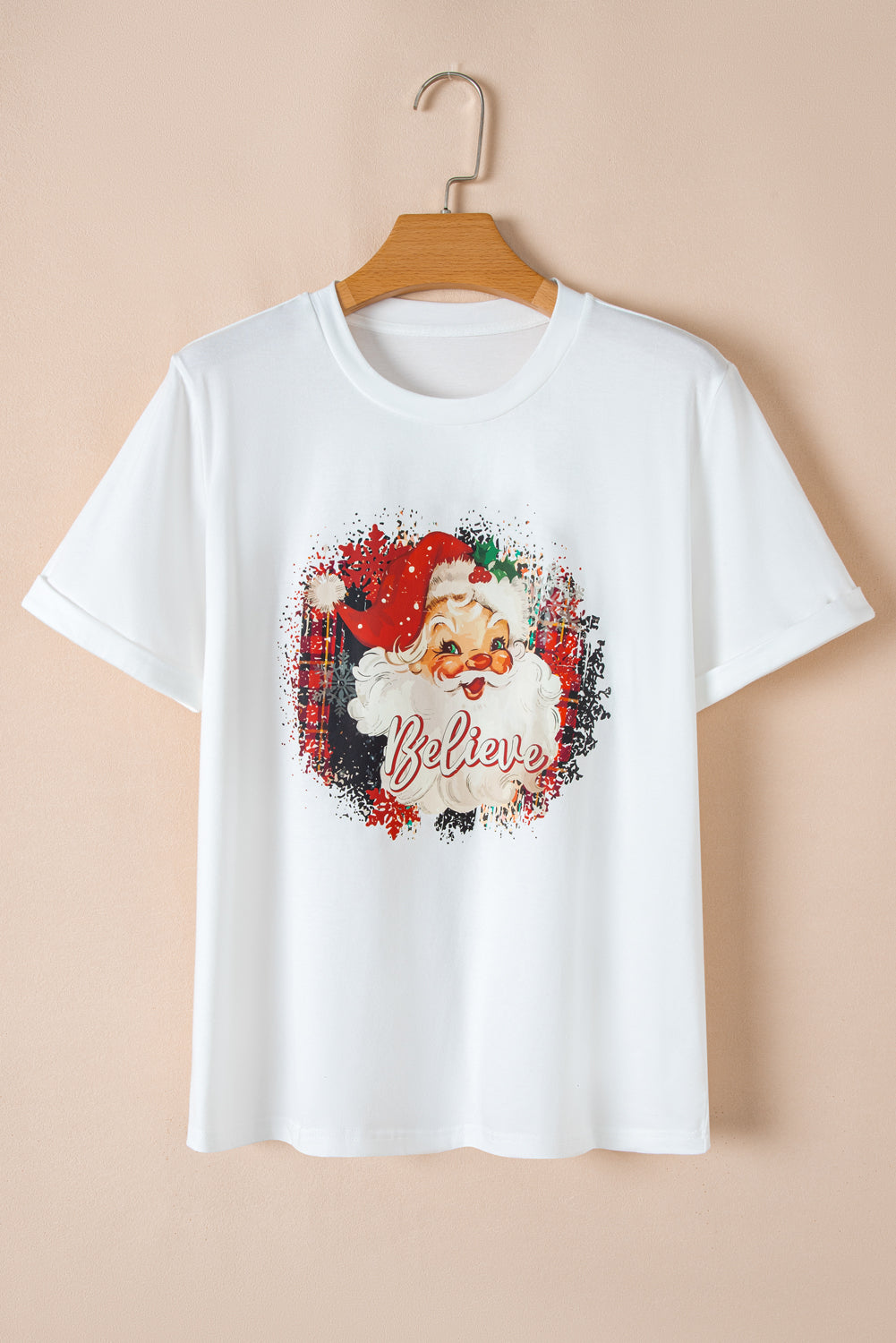 White Christmas Santa Believe Lettering Graphic Crewneck Tee