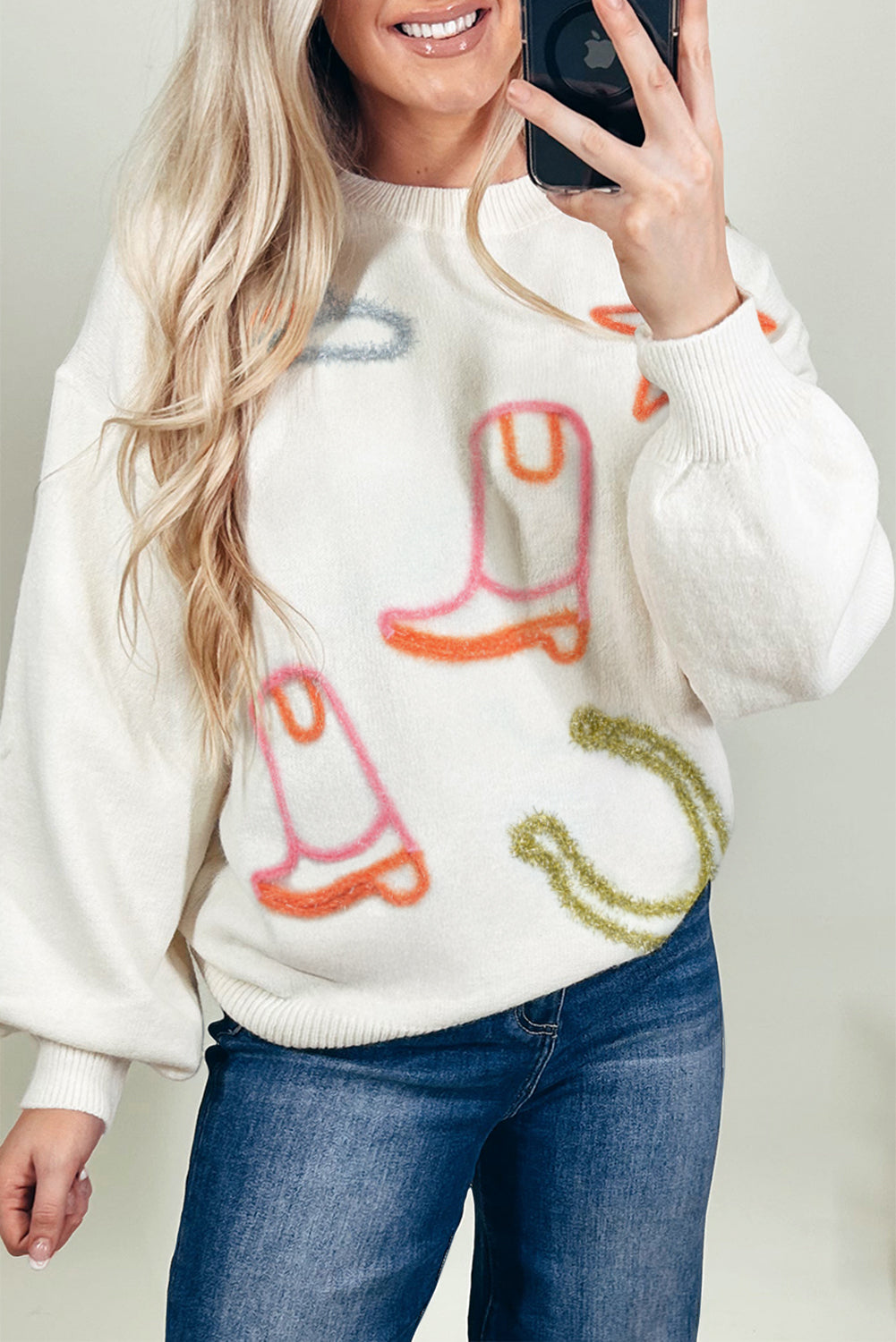 Green and Orange Tinsel Western Horseshoe and Boots Accented White Sweater