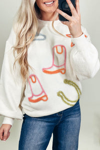 Green and Orange Tinsel Western Horseshoe and Boots Accented White Sweater