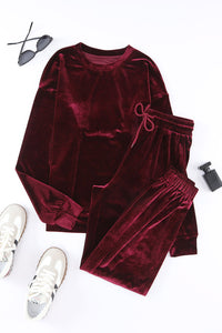 Burgundy Velour Long-sleeve Top & Pants Lounge Set