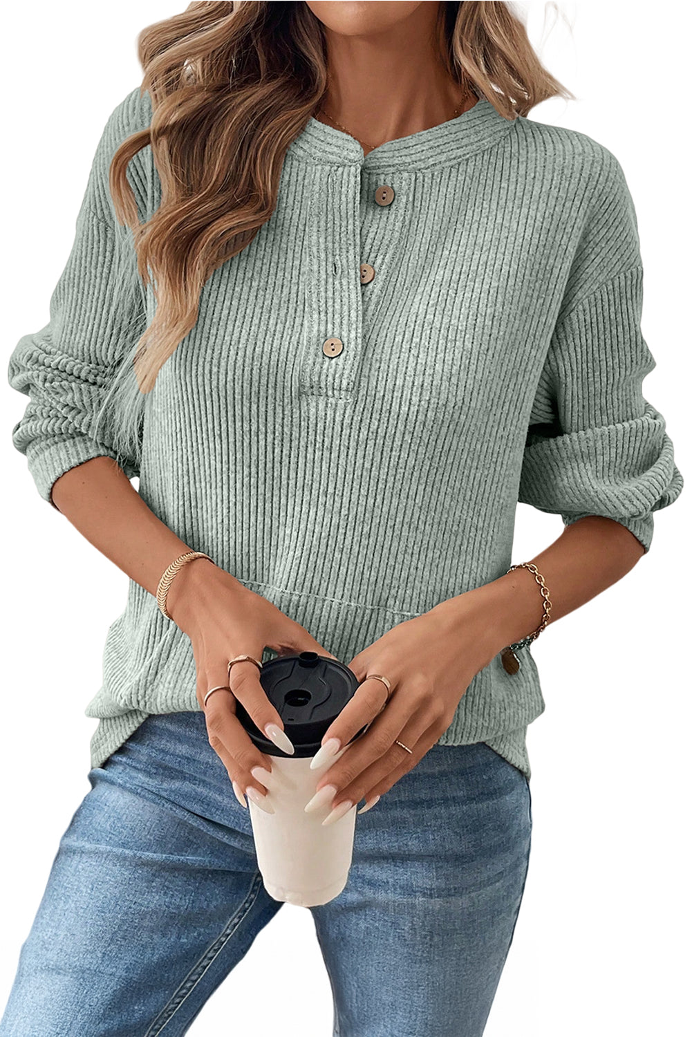 Heather Sage Drop Shoulder 1/4 Button Down Kangaroo Pocket Knit Top