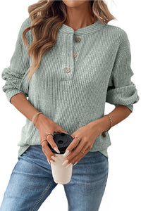 Heather Sage Drop Shoulder 1/4 Button Down Kangaroo Pocket Knit Top