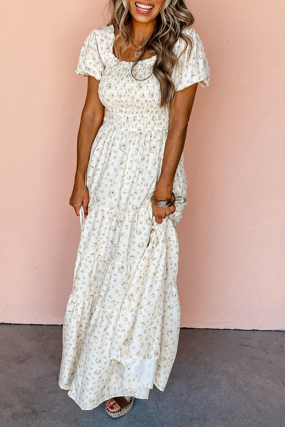 White and Pink Floral Shirred Bodice Tiered Maxi Dress