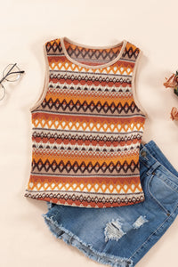 Orange Striped & Geo Jacquard Vintage Style Fitted Knit Tank Top