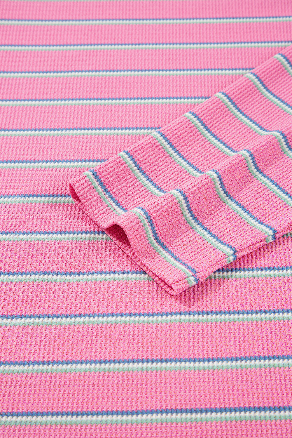 Pink Stripe Thermal Crew Neck Puckered Long Sleeve Top