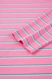 Pink Stripe Thermal Crew Neck Puckered Long Sleeve Top