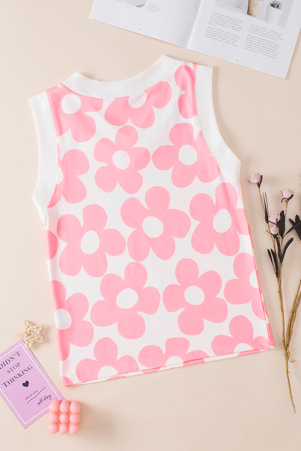 Pink Cute Flower V-Neck Knit Tank Top