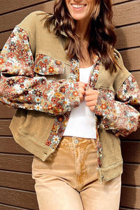 Khaki Fall Floral Color Block Button Up Lightweight Cropped Jacket