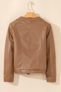 Chestnut Faux Leather Zip Up Slim Fit Bomber Jacket