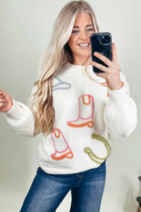 Green and Orange Tinsel Western Horseshoe and Boots Accented White Sweater