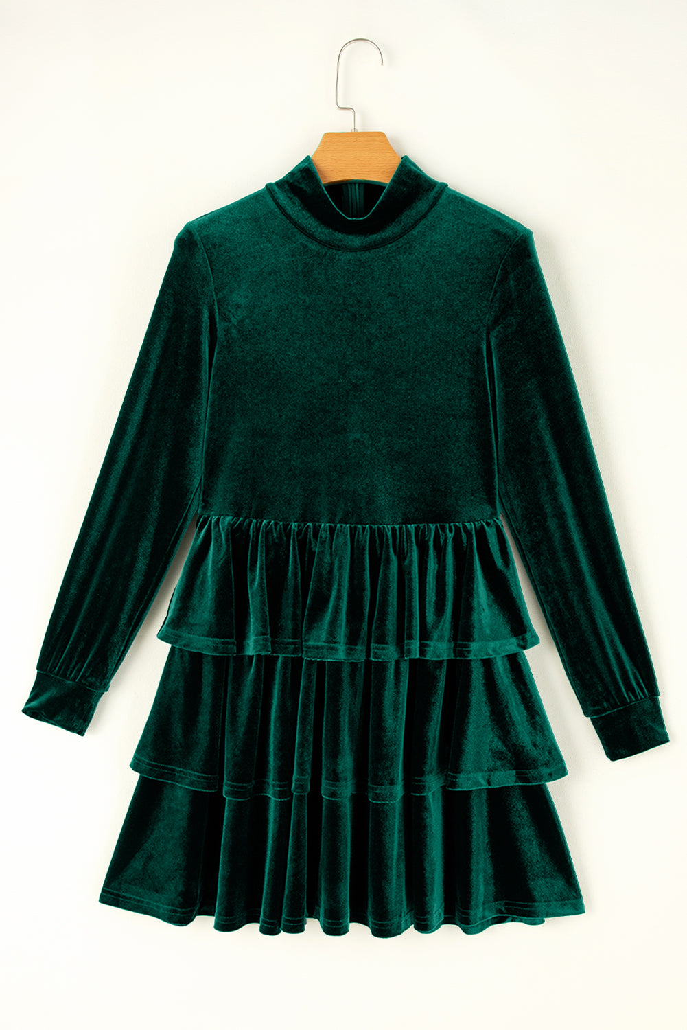 Emerald Velour Mock Neck Tiered Ruffle Mini Dress