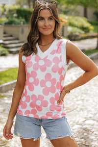 Pink Cute Flower V-Neck Knit Tank Top