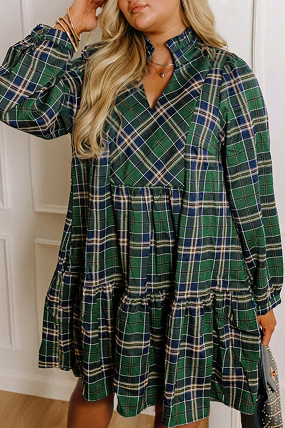 Plus Size Green and Navy Plaid Long Sleeve Split Neck Mini Dress