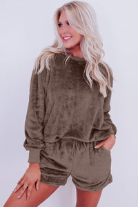 Brown Fleece Long-sleeve Top & Shorts Set